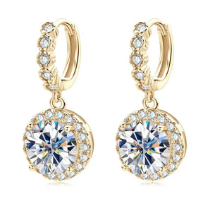 Gold-toned Moissanite drop hoop earrings with diamond-like gemstones and smaller accents