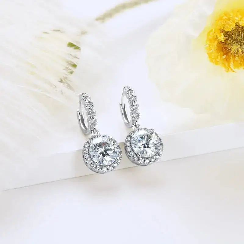 Sparkling Moissanite drop hoop earrings with diamond-like halos and 925 silver gold plating