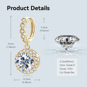 Gold-toned Moissanite drop hoop earrings with a round diamond pendant and smaller stones