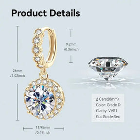 Gold-toned Moissanite Drop Hoop Earrings featuring a round diamond pendant and smaller stones