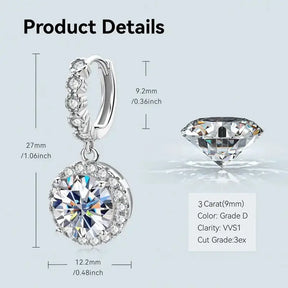 Sparkling diamond Moissanite drop hoop earrings with detailed specifications and measurements