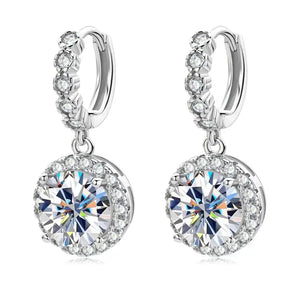 Sparkling Moissanite Drop Hoop Earrings with Round Central Stones and Smaller Diamonds