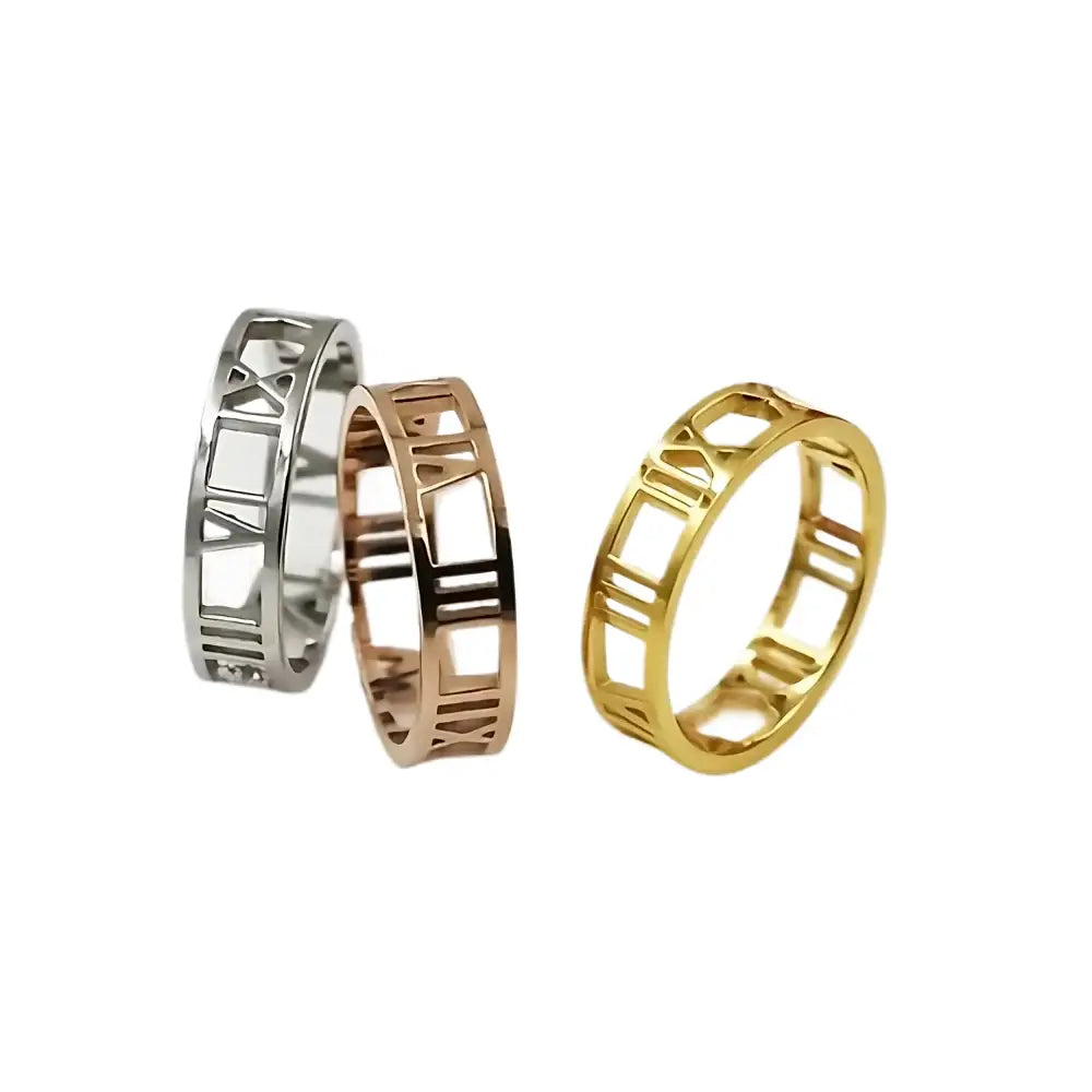 Roman Numerals Ring in 18K Gold Stainless Steel - Rings-Steel 01