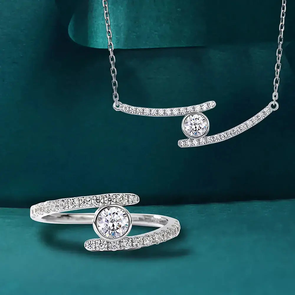 Elegant Diamond Necklace and Ring Set in S925 Sterling Silver with Curved Designs