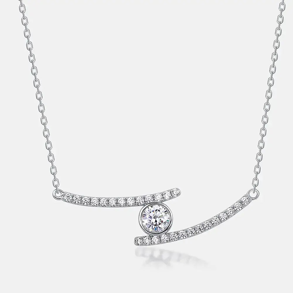 Delicate S925 sterling silver necklace with curved bar pendant and diamonds