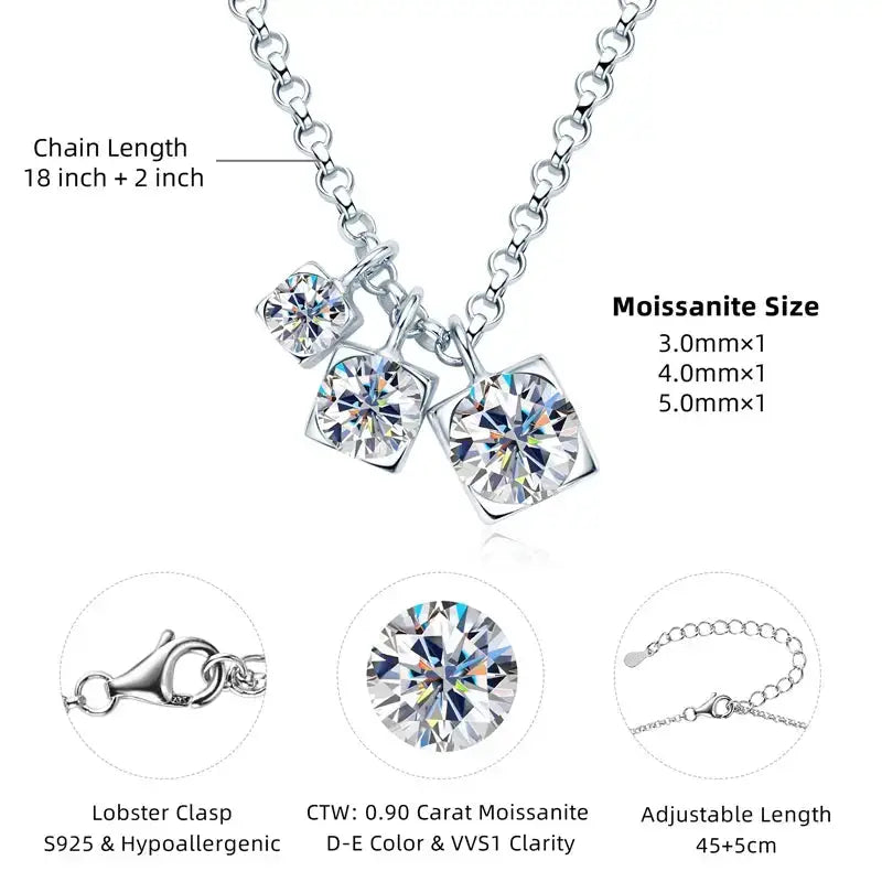 Silver Round Full Moissanite Diamond Pendant Necklace showcasing three graduated stones