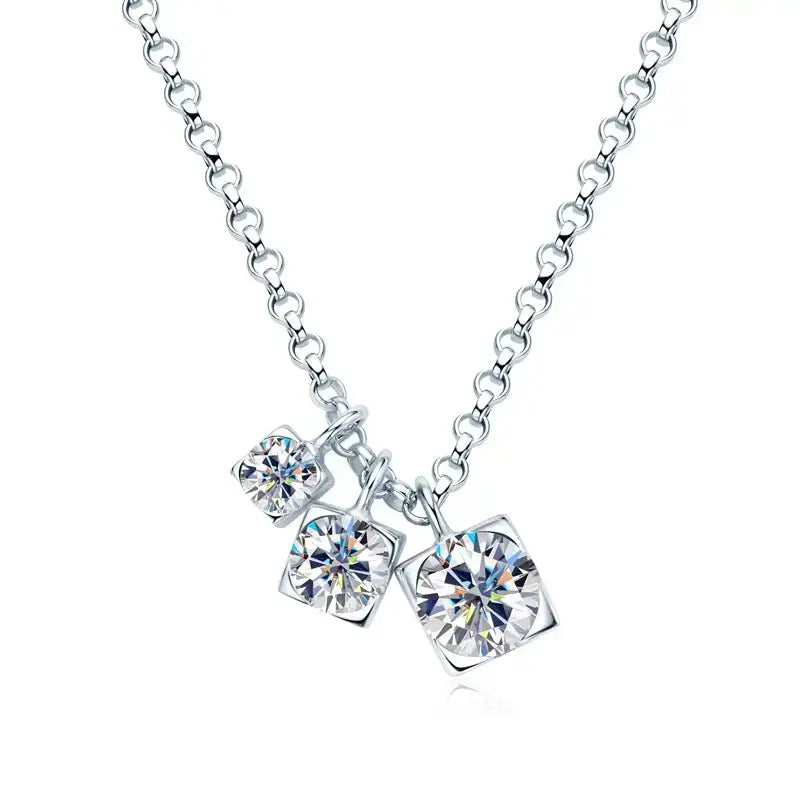 Silver Moissanite Diamond Pendant Necklace with three crystal pendants in graduated sizes