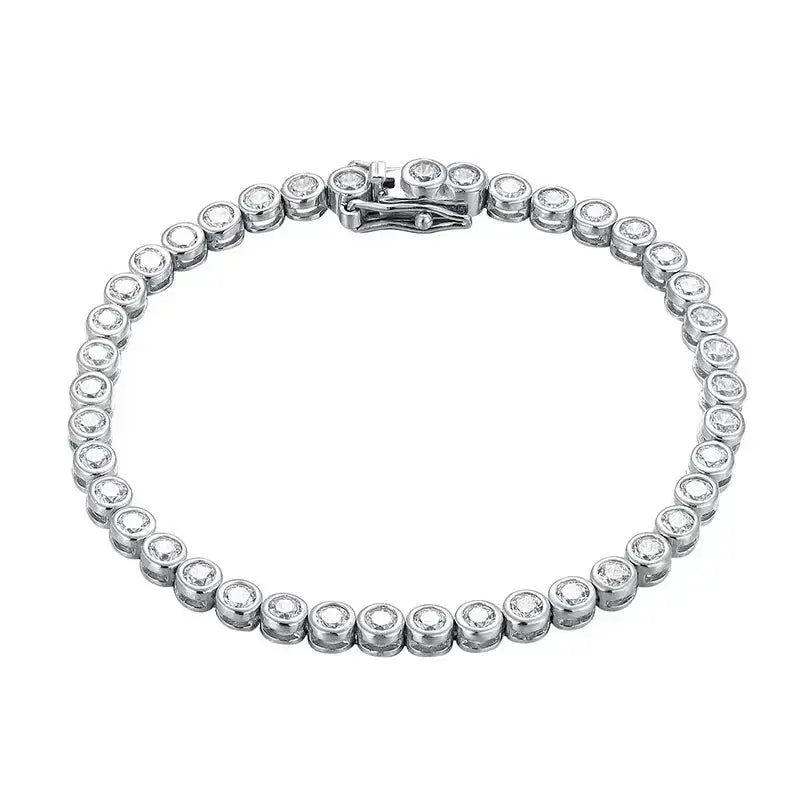 Silver tennis bracelet featuring round Moissanite diamond stones in a continuous line