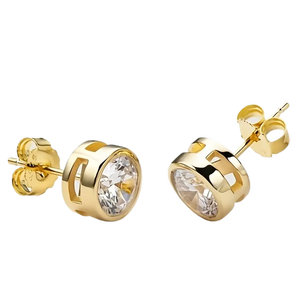 Gold stud earrings featuring round diamond bezel setting with clear gemstones