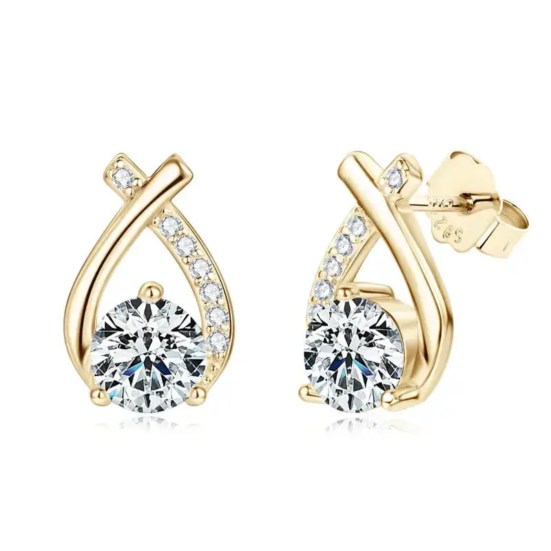 Pair of Gold Stud Earrings with Teardrop Design, Featuring Fishtail 5mm Moissanite Accents