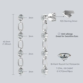 Sterling silver dangle earrings showcasing four linked moissanite stones and bezel 3mm lab diamond