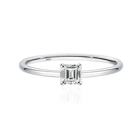 Delicate Solid 925 Sterling Silver Asscher Cut Moissanite Diamond Ring with Emerald Cut