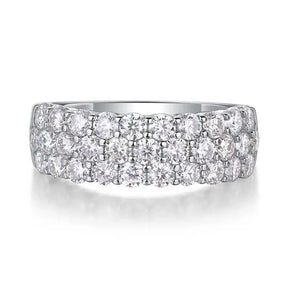 Diamond-encrusted white gold ring featuring sparkling GRA Moissanite in three rows