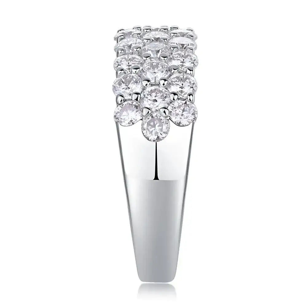 Diamond-encrusted white gold ring featuring sparkling GRA Moissanite in sterling silver