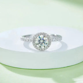 Moissanite diamond engagement ring with halo on sterling silver classic band by Telles Jewelry