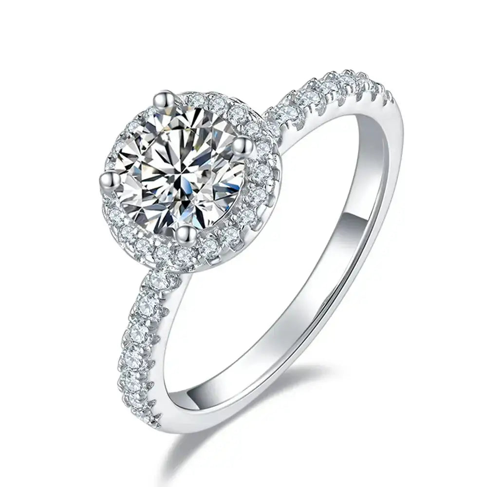 Diamond engagement ring with halo, set in Sterling Silver Classic, featuring Moissanite Diamond