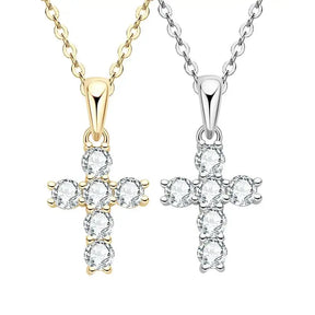 Two cross-shaped pendant necklaces in gold and sterling silver with 3mm moissanite