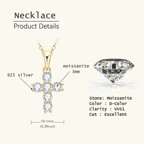 Cross-shaped silver cross necklace with 3mm moissanite stones in sterling silver and gold