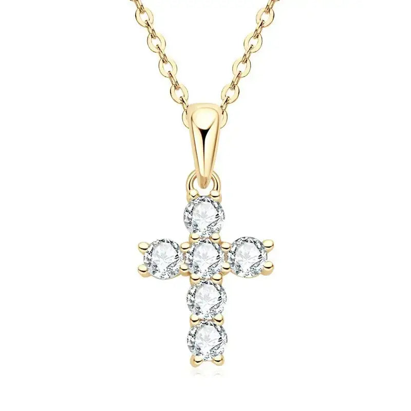 Gold cross pendant necklace with 3mm Moissanite stones in sterling silver setting