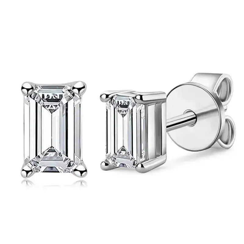 Diamond stud earrings featuring emerald-cut stones in prong settings on Square Earring S925