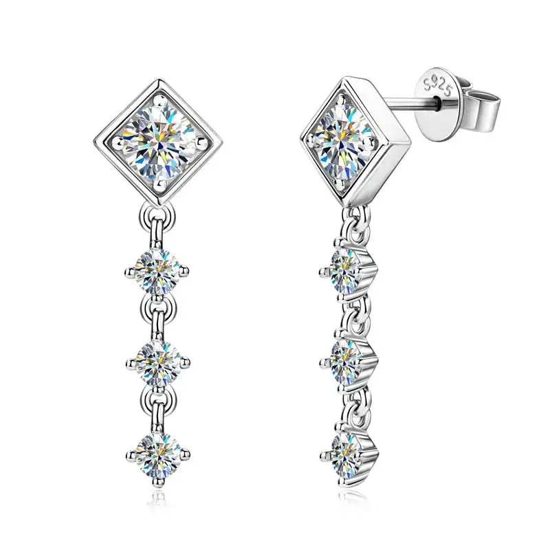 Diamond-shaped silver earrings featuring square moissanite drop and colorful gemstones