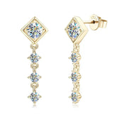 Pair of gold dangle Square Moissanite Drop Earrings, featuring diamond-shaped studs and smaller gemstones