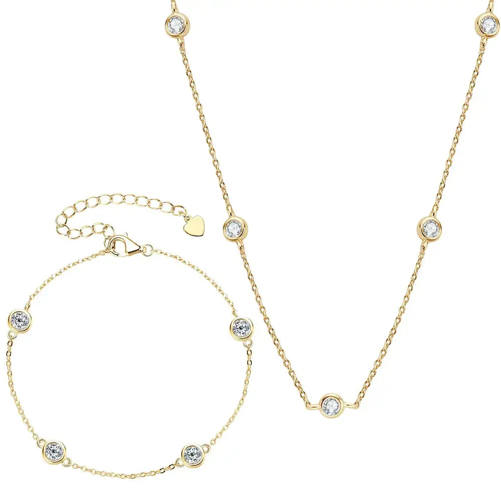 Gold Plated Moissanite Jewelry Set featuring a delicate chain necklace and bracelet