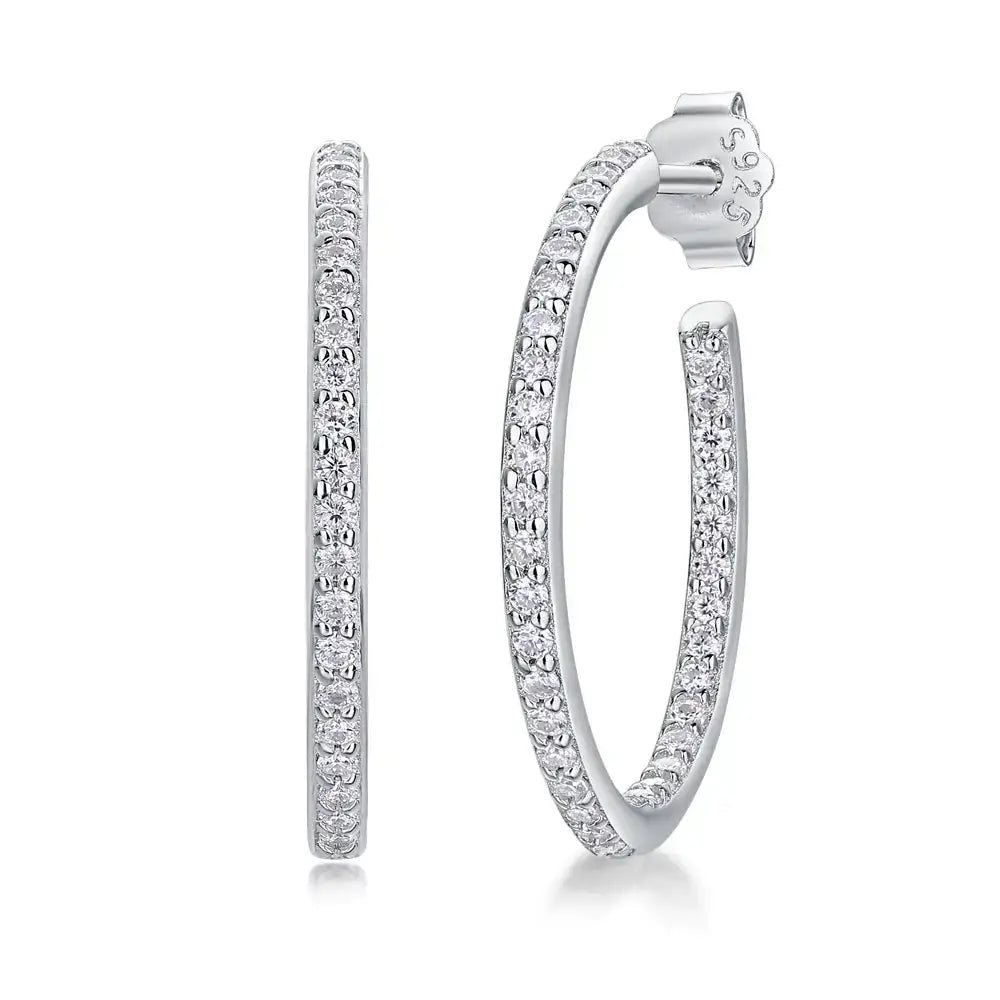 Diamond-encrusted silver hoop earrings in 20mm hoop design with Moissanite diamonds