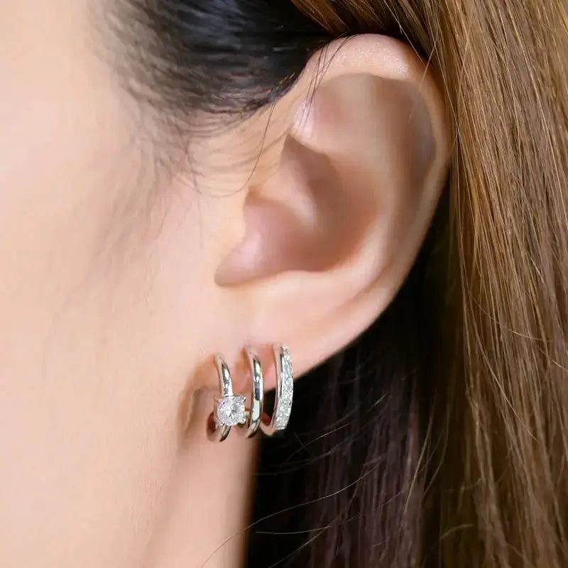 Triple Side Hoops Earrings in Real 925 Silver with Gemstones on Ear Lobe