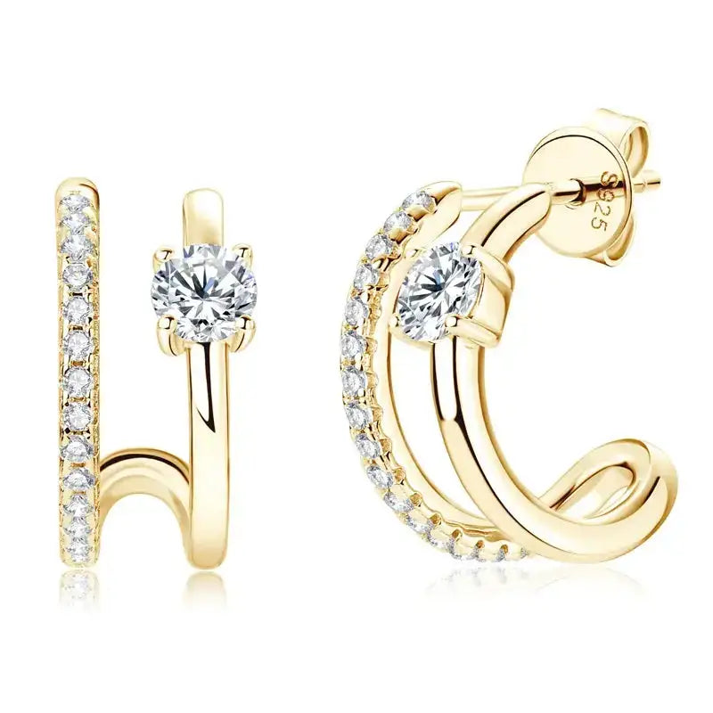 Gold and diamond Triple Side Hoops Earrings with elegant curved designs and multiple stones