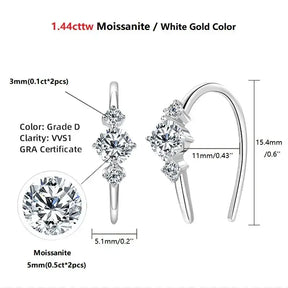 Pair of U Shaped 3 Stone Moissanite Earrings in White Gold with Elegant Design