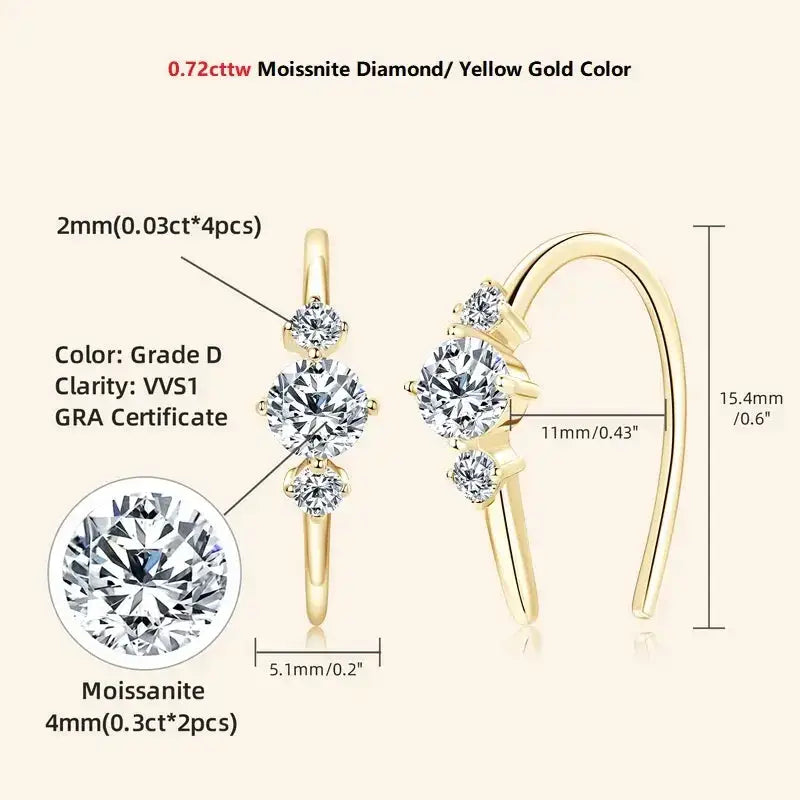 Yellow gold U Shaped 3 Stone Moissanite Earrings featuring exquisite moissanite diamonds