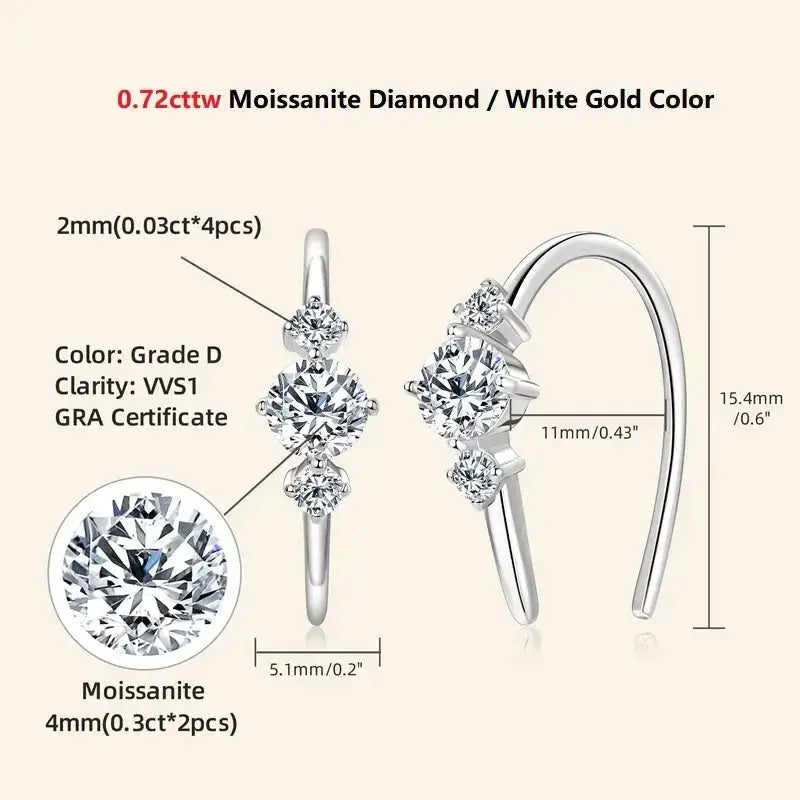 Moissanite earrings featuring a U-shaped design with white gold-colored settings