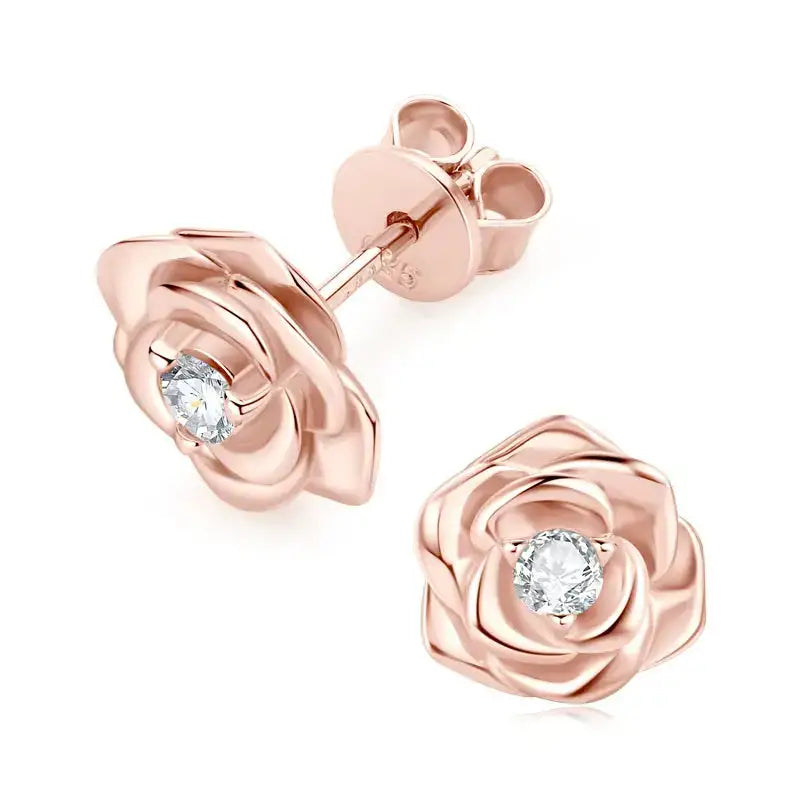 Rose-shaped rose gold earrings with diamond centers, Vintage Rose Flower Moissanite Diamond Stud