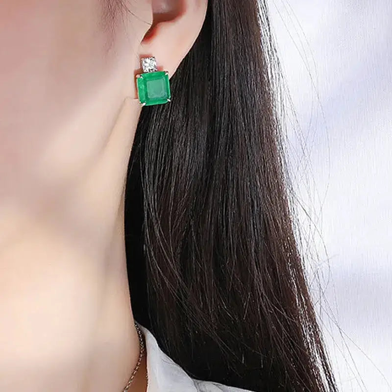 Emerald-colored square gemstone earring with diamond accent in Vintage Sterling Silver Emerald design