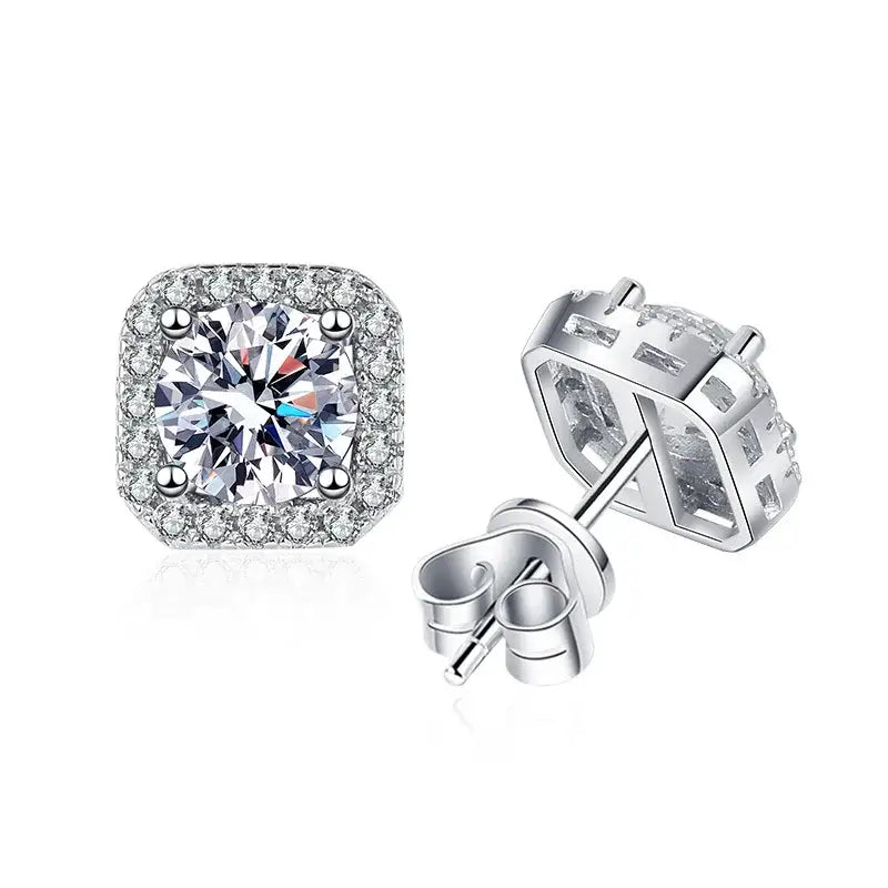 Square-shaped white gold moissanite stud earrings with halo settings for luxurious elegance