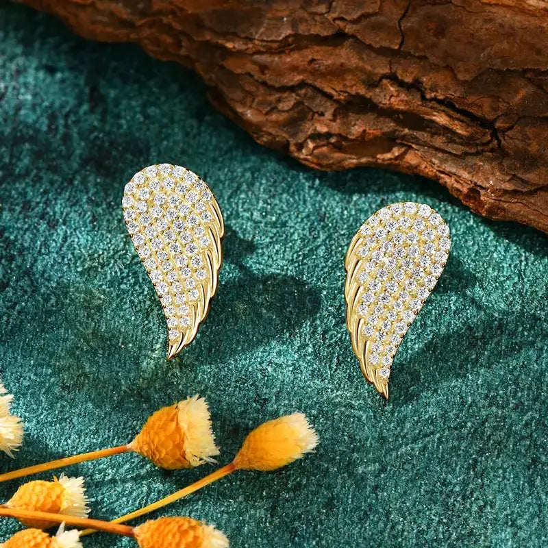 Wing of Angel Stud Earrings featuring gold leaf design and moissanite diamonds