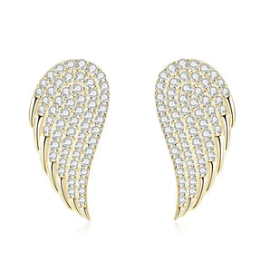 Pair of angel stud earrings featuring gold and moissanite diamonds in a wing design